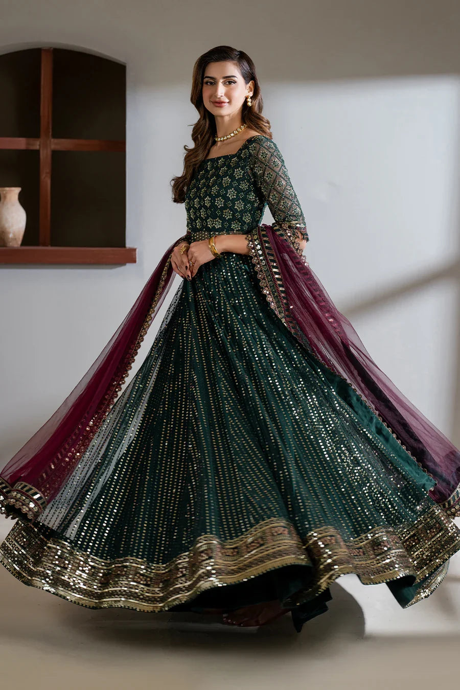 Iznik Meraki Luxury Embroidered Dark Green Luxury Unstitched Net Maxi