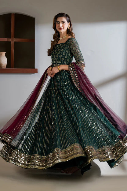 Iznik Meraki Luxury Embroidered Dark Green Luxury Unstitched Net Maxi