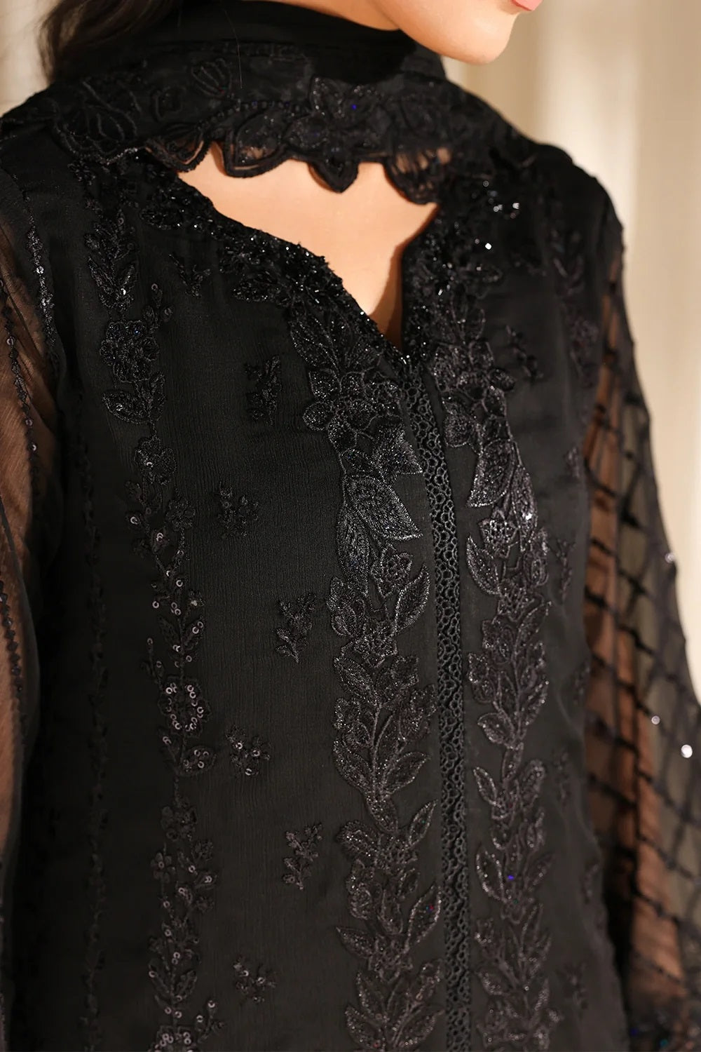 Azure Luxury Chiffon Embroidered 3Pc Unstitched Suit - Black Pearl