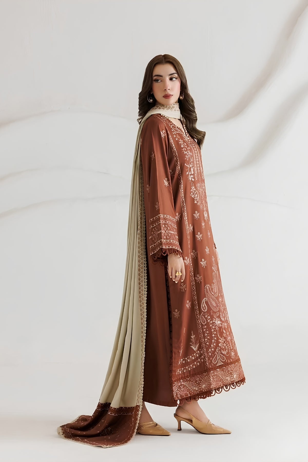 Daria - 3PC Unstitched Dhanak Embroidered Shirt with Digital Printed Dupatta and Trouser