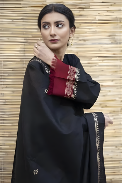 Zarpash - 3PC Unstitched Dhanak Neckline Embroidered Shirt with Printed Dupatta and Trouser