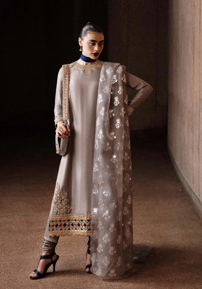 Hussain Rehar Luxury Raw Silk Embroidered 3Pc Unstitched Suit - Mist