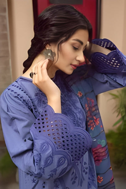 Jazmin - 3PC Unstitched Lawn Chicken Kari Embroidered Shirt with Printed Slub Net Dupatta