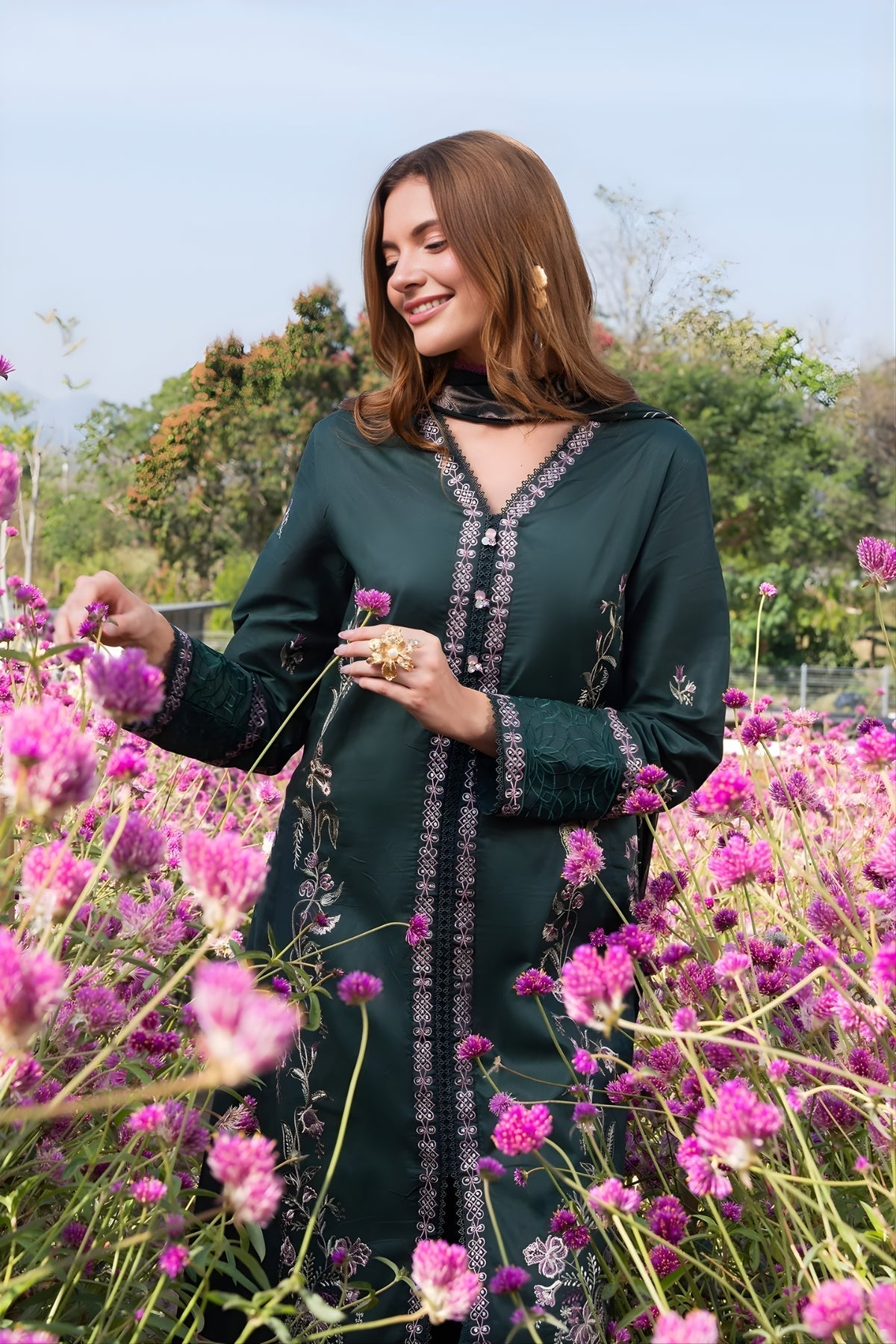 Garnet - 3PC Unstitched Lawn Embroidered Shirt with Digital Printed Dupatta and Trouser