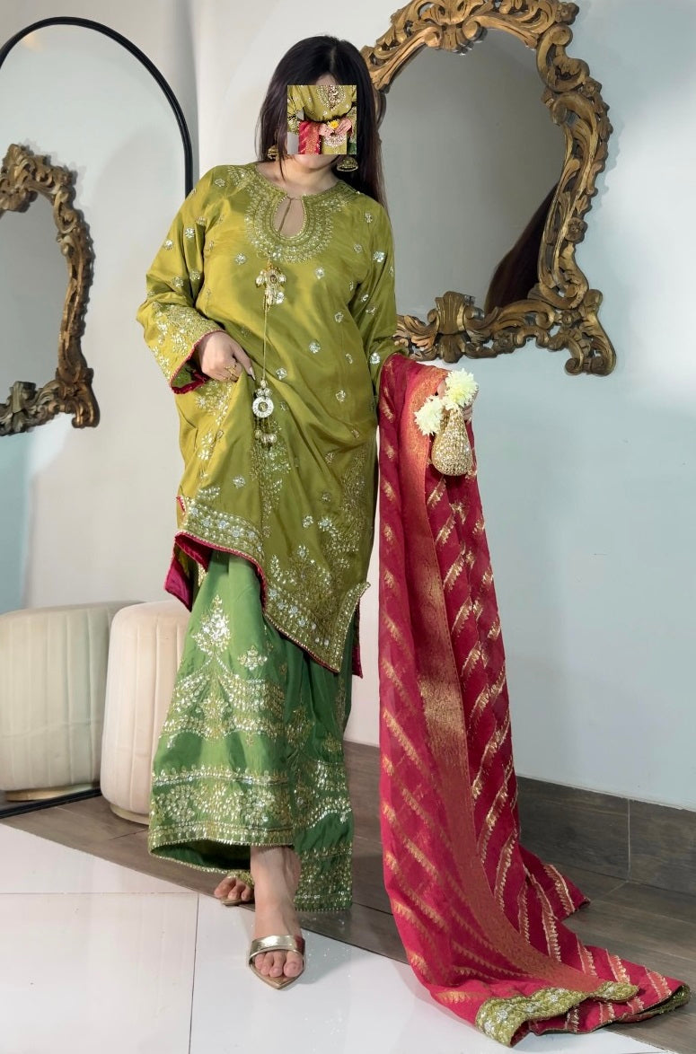 Poshkari Luxury Embroidered Raw Silk 3Pc Stitched Suit