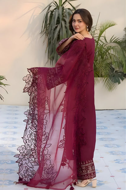 Allys - 3PC Lawn Embroidered Shirt with Embroidered Organza Dupatta (Unstitched)