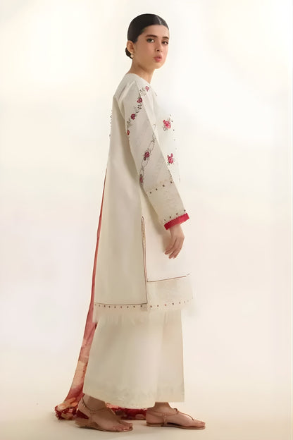 Zara Shah Jahan - 3PC unstiched Lawn Embroidered Shirt With Printed Slub net Dupatta and Plan Trouser