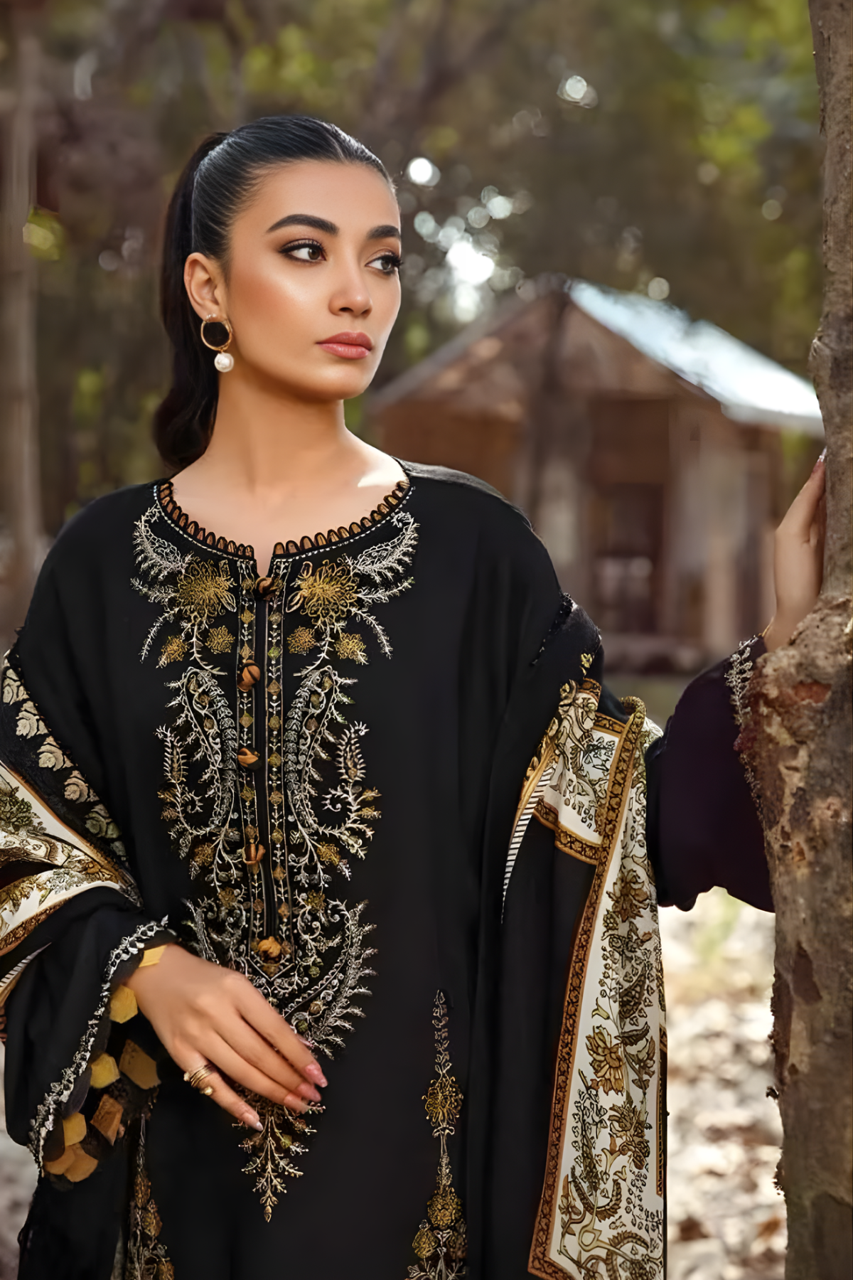 Maria B - 3PC Unstitched Dhanak Embroidered Shirt with Digital Printed Dupatta and Trouser