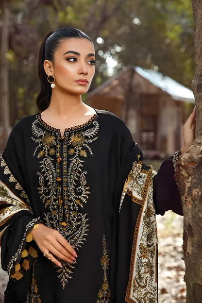 Maria B - 3PC Unstitched Dhanak Embroidered Shirt with Digital Printed Dupatta and Trouser