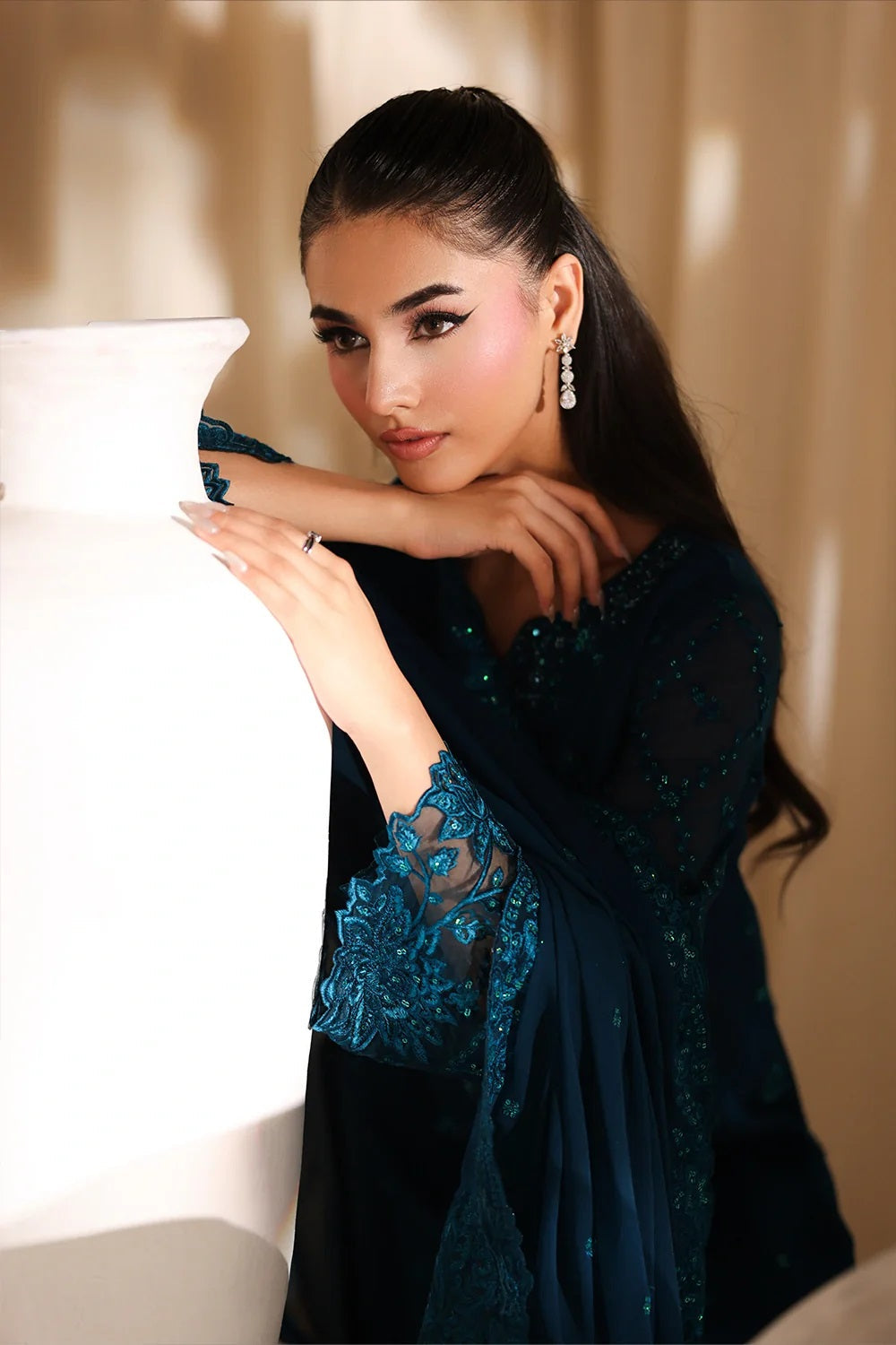 Azure Luxury Chiffon Embroidered 3Pc Unstitched Suit - Majestic Teal