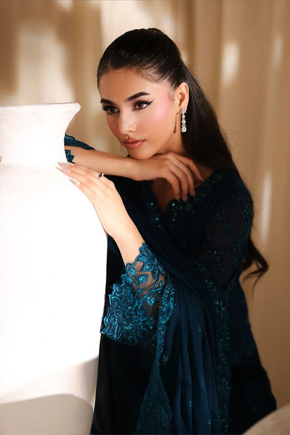 Azure Luxury Chiffon Embroidered 3Pc Unstitched Suit - Majestic Teal