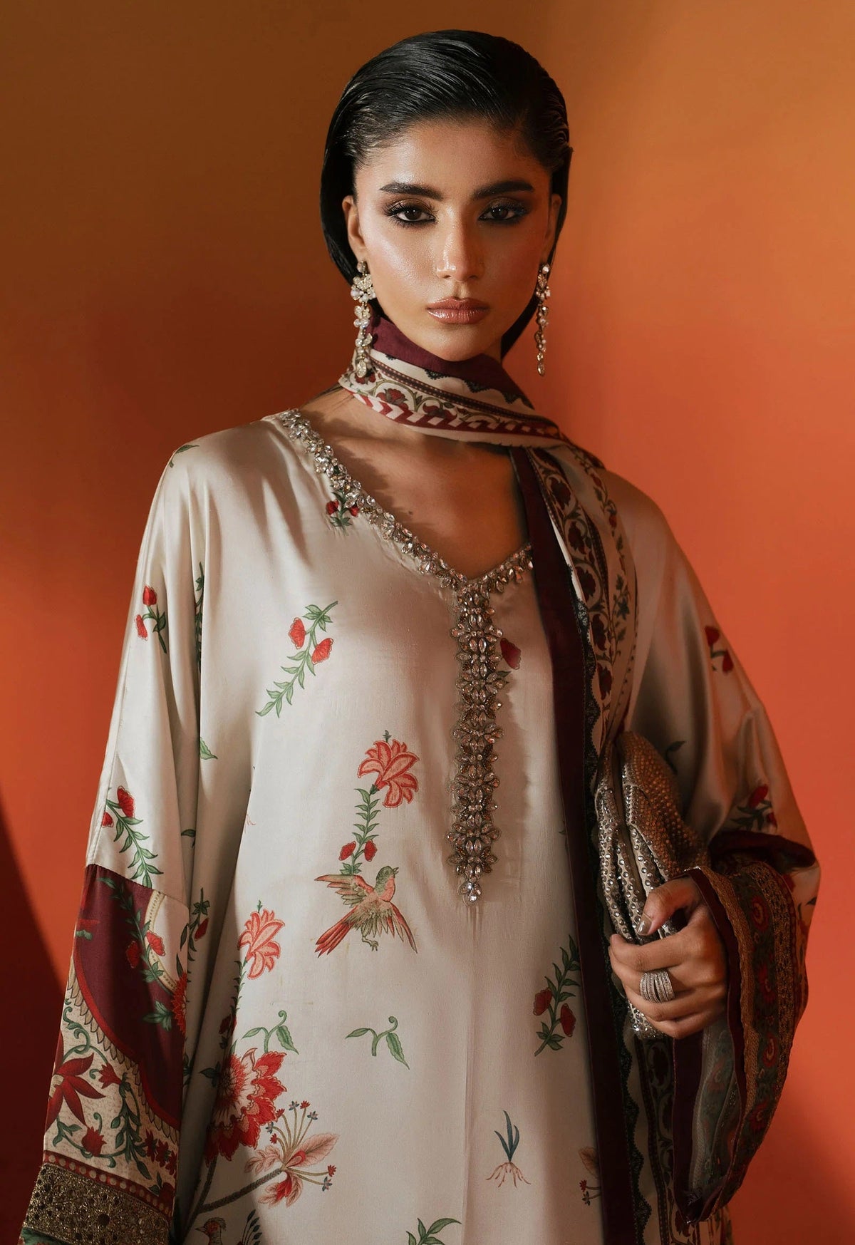 Maria.B 03R1 - Beige and Maroon Luxury Silk Embroidered 3Pc Unstitched Kaftan Suit