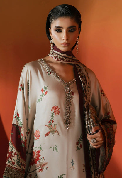 Maria.B 03R1 - Beige and Maroon Luxury Silk Embroidered 3Pc Unstitched Kaftan Suit
