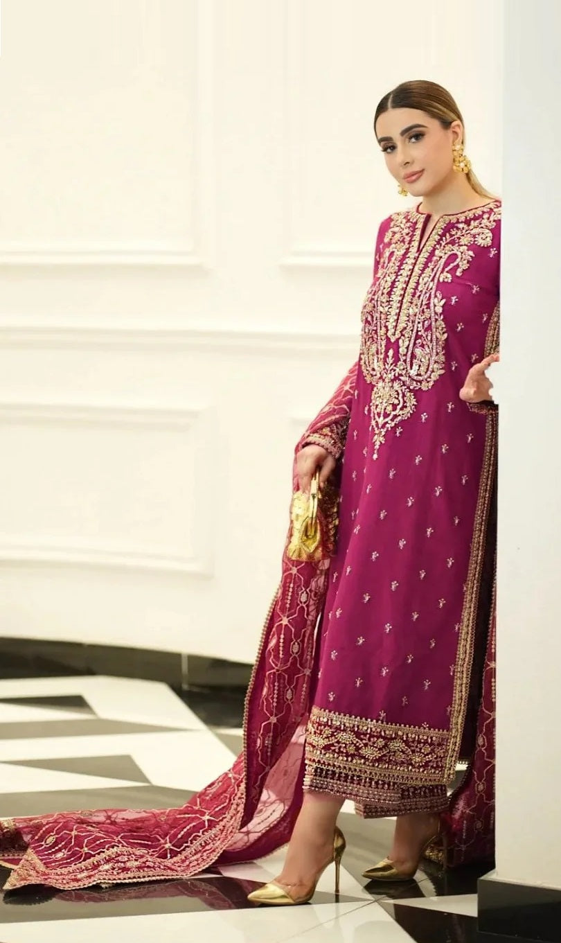 ANEELAS Luxury Embroidered Silk Unstitched 3PC Suit - Zinia