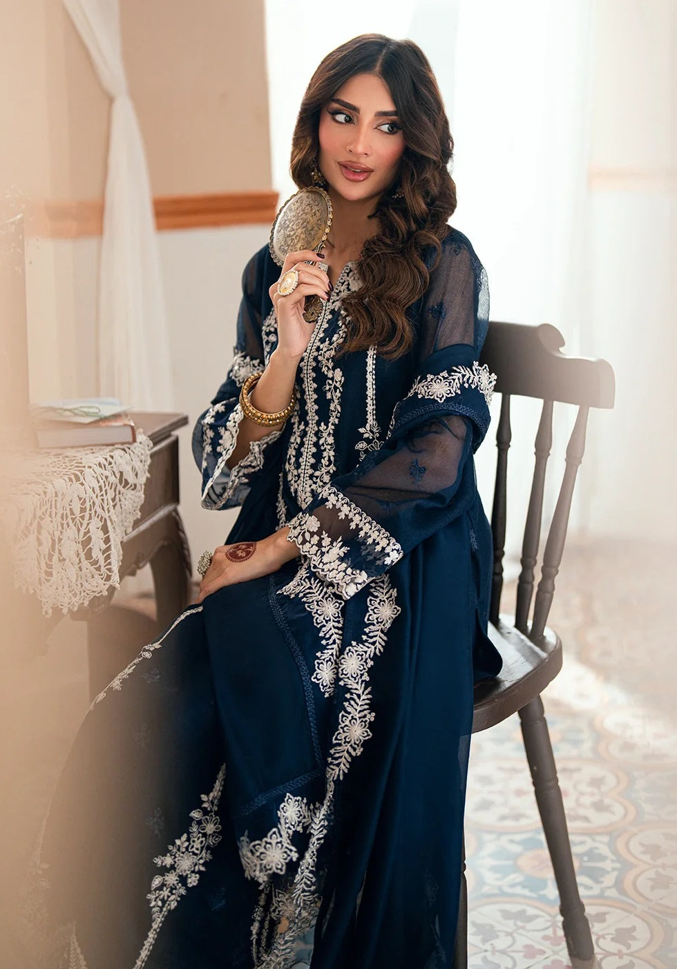 Azure Stellar Blue Luxury Chiffon Embroidered 3Pc Unstitched Suit