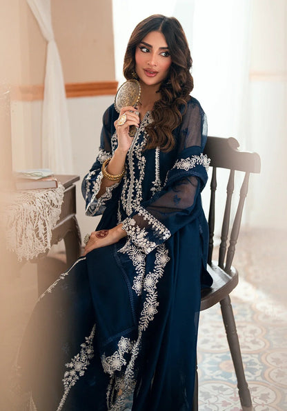 Azure Stellar Blue Luxury Chiffon Embroidered 3Pc Unstitched Suit