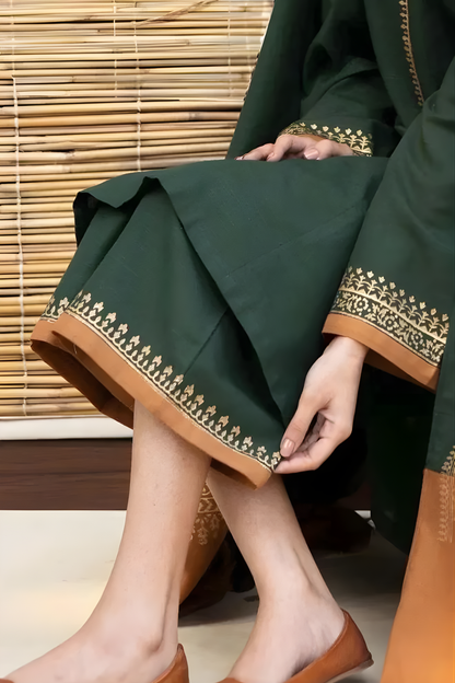 Zarpash - 3PC Unstitched Dhanak Neckline Embroidered Shirt with Digital Printed Dupatta and Trouser