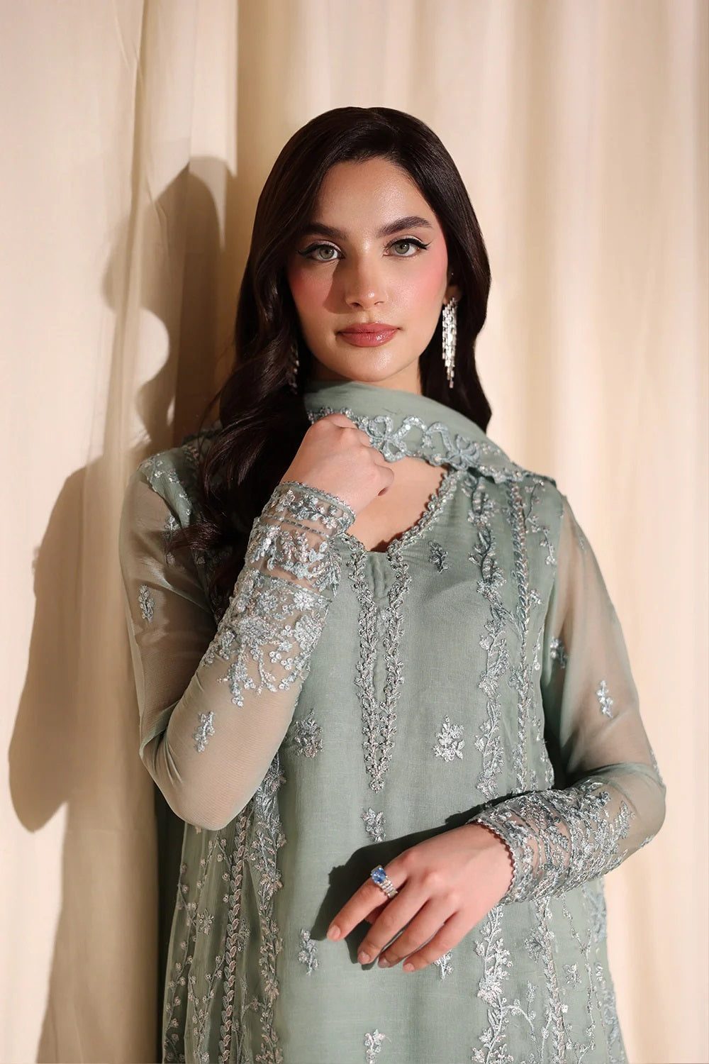 Azure Luxury Embroidered Chiffon Unstitched 3Pc Suit Satin Sage