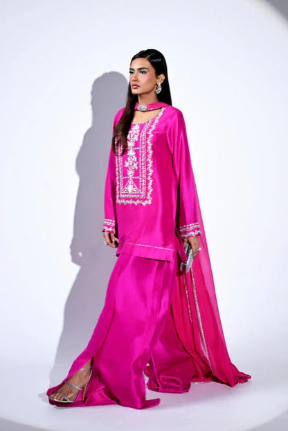 Huma Mistry Luxury Tussle Silk Embroidered Unstitched 3PC Suit - Fuchsia Flame