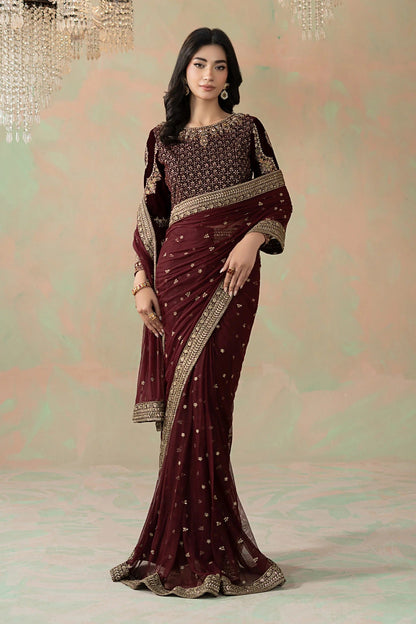 Maria B 11R1 - Maroon Luxury Net Embroidered 3Pc Unstitched Sari