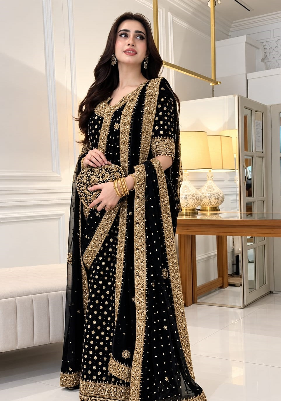 Haris Shakeel (black )Aisha afridi Luxury Chiffon Embroidered 3Pc Unstitched
