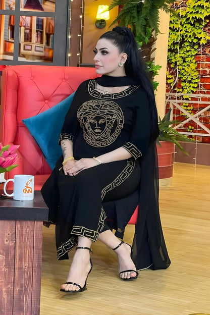 Versace - 3PC Unstitched Shamooz Silk Embroidered Shirt with Bamber Chiffon Dupatta and Plain Trousers