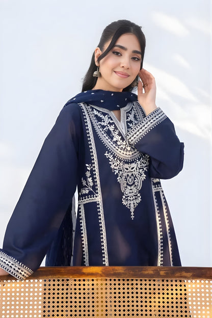 Rozana - 3PC Lawn Embroidered Shirt with Embroidered Chiffon Dupatta (Unstitched)