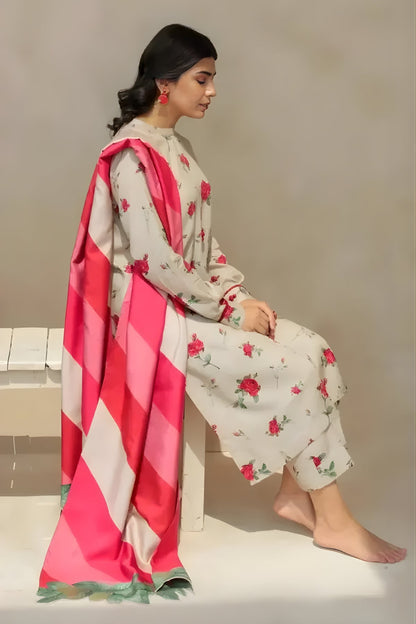 Baroque - 3PC Unstitched Printed Karandi Shirt with Printed Karandi Dupatta and Trouser