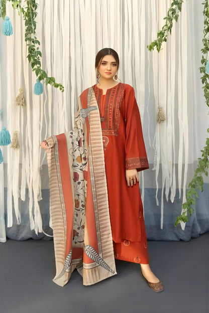 URGE - 3PC Unstitched Khaddar Embroidered Shirt with Digital Printed Dupatta and Embroidered Trouser