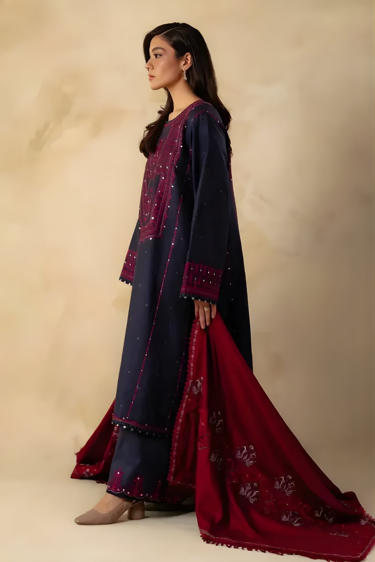 Zara Shah Jahan - 3PC Unstitched Dhanak Sequence Embroidered Shirt with Sequence Embroidered Dupatta and Trouser