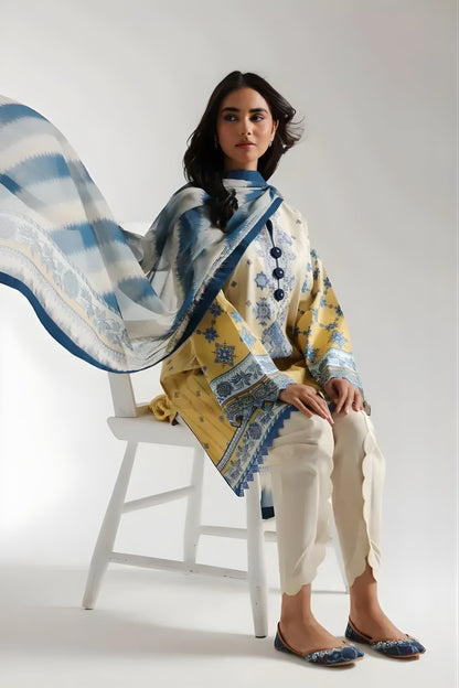 Ethnc - 3PC Banadora Lawn Printed Shirt with Printed Voil Dupatta (Unstitched)