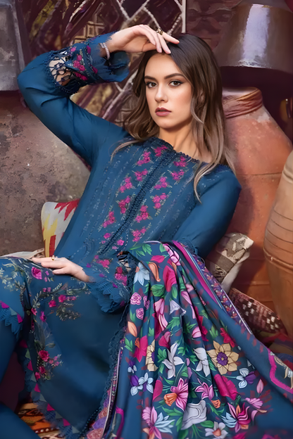 Maria B - 3PC Unstitched Dhanak Embroidered Shirt with Digital Printed Dupatta and Trouser