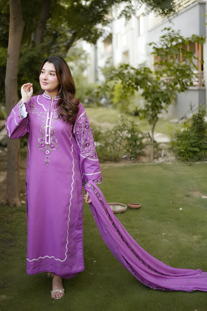 Aneelas - 3PC Unstitched Lawn Embroidered Shirt with Cotton Net Embroidered Dupatta and Trouser