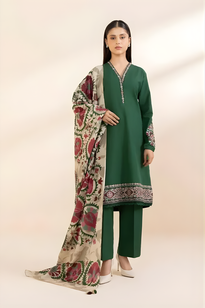 Sapphire - 3PC Unstitched Khaddar Embroidered Front with Digital Printed Dupatta and Trouser