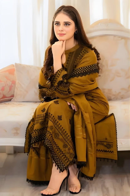Libaas - 3PC Lawn Embroidered Shirt with Embroidered Chiffon Dupatta (Unstitched)