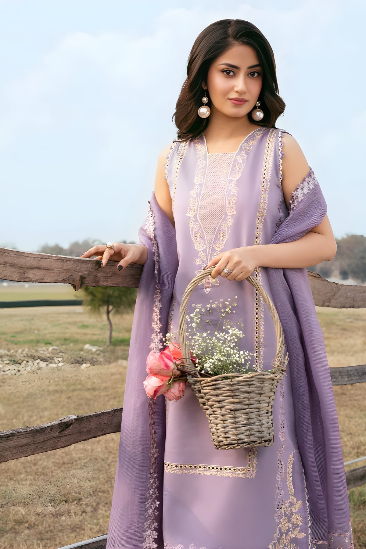 Izel - 3PC Unstitched Lawn Embroidered Shirt with Cotton Net Embroidered Dupatta and Trouser