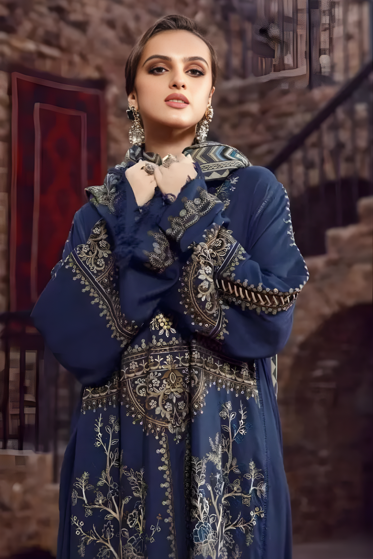 Maria B - 3PC Unstitched Dhanak Embroidered Shirt with Digital Printed Dupatta and Trouser