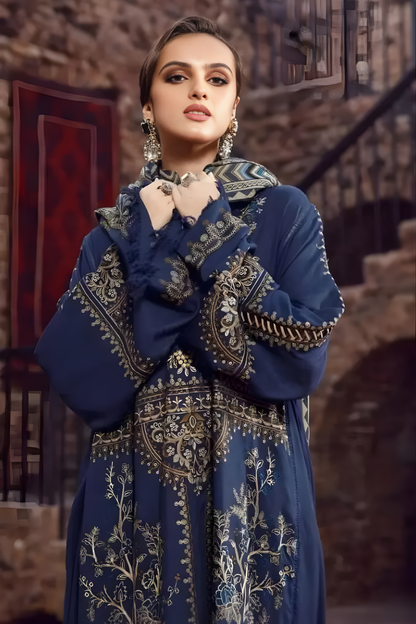 Maria B - 3PC Unstitched Dhanak Embroidered Shirt with Digital Printed Dupatta and Trouser