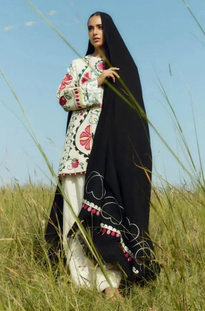Zara Shah Jahan - 3PC Unstitched Dhanak Embroidered Shirt and Trouser with Printed Shawl