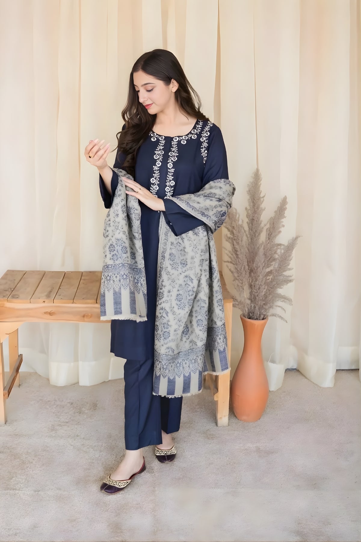 Aisling - 3PC Unstitched Dhanak Embroidered Shirt with Printed Dupatta and Trouser
