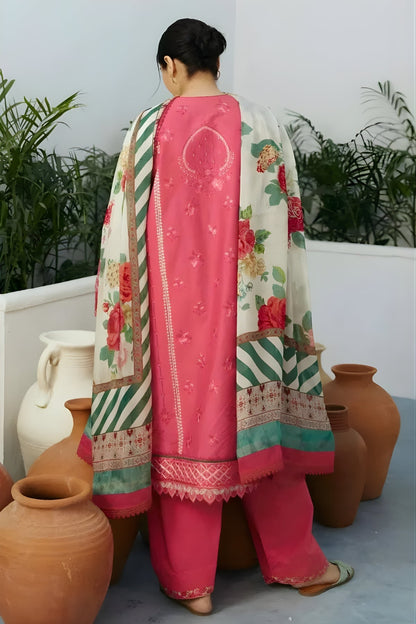 Zara Shah Jahan - 3PC Unstitched Lawn Embroidered Shirt Front and Back with Digital Printed Silk Dupatta and Embroidered Trousers
