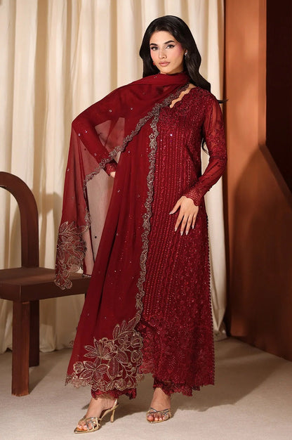 Azure Luxury Chiffon Embroidered 3Pc Unstitched Suit - Cherry Blossom