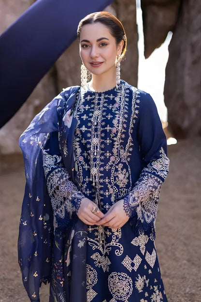 Qalamkar 3PC Unstitched Lawn Heavy Embroidered Shirt with Printed Monar Dupatta and Trouser