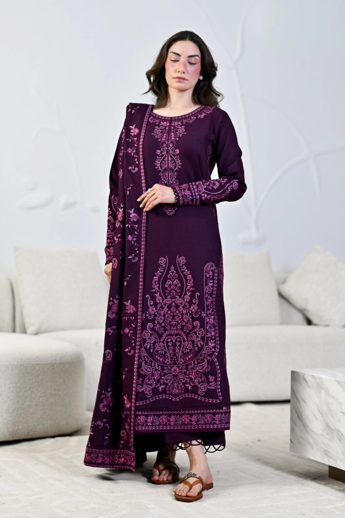 Zaib - 3PC Unstitched Dhanak Embroidered Shirt with Dhanak Embroidered Dupatta and Trouser