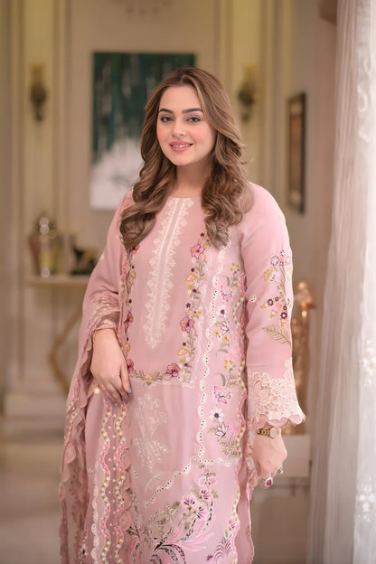 Aneelas - 3PC Unstitched Lawn Embroidered Shirt with Khaddi Net Embroidered Dupatta and Trouser