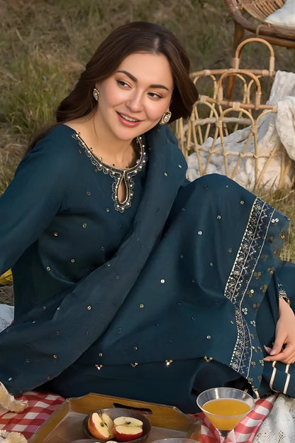 Allys - 3PC Lawn Sequence Embroidered Shirt with Sequence Embroidered Organza Dupatta (Unstitched)