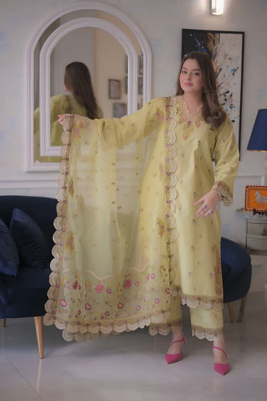 Aneelas - 3PC Unstitched Lawn Embroidered Shirt with Cotton Net Embroidered Dupatta and Trouser