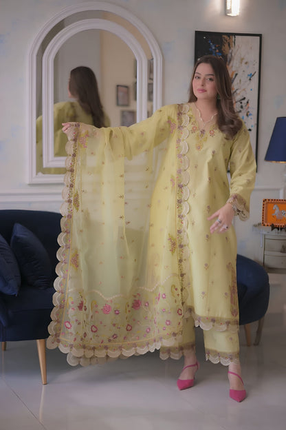 Aneelas - 3PC Unstitched Lawn Embroidered Shirt with Cotton Net Embroidered Dupatta and Trouser