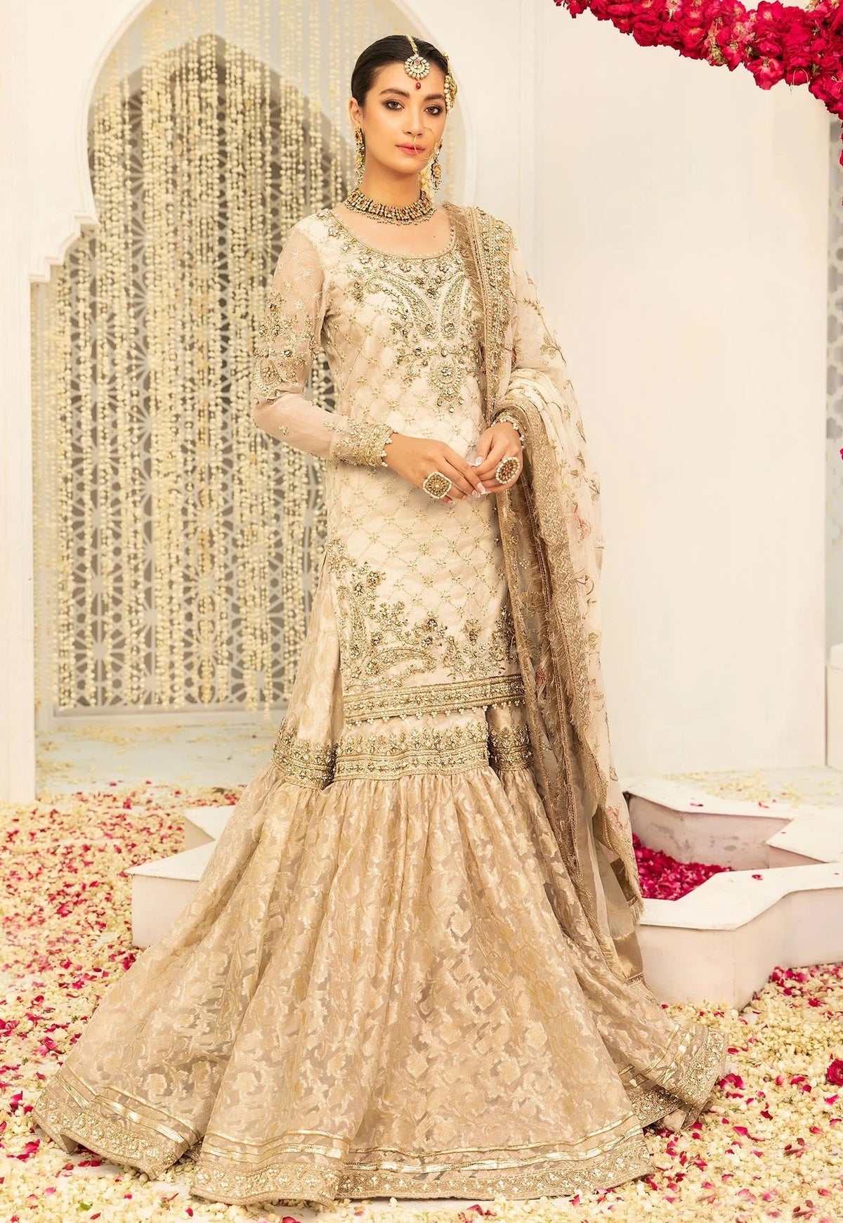 Maria.B Couture Ivory Gold Luxury Chiffon Embroidered 3Pc Unstitched Suit Fully Hand Work