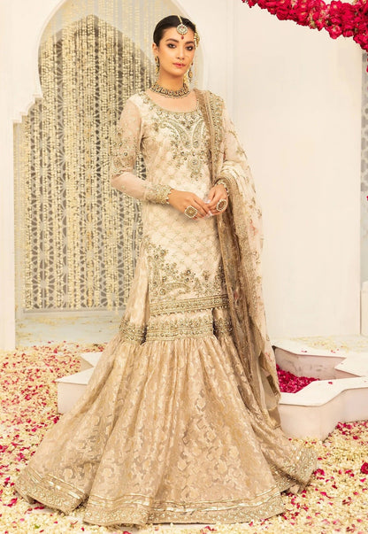 Maria.B Couture Ivory Gold Luxury Chiffon Embroidered 3Pc Unstitched Suit Fully Hand Work